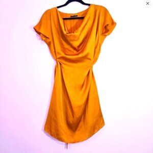 Sisley satin dress gold with ruffled neckline. Includes under-dress, size S